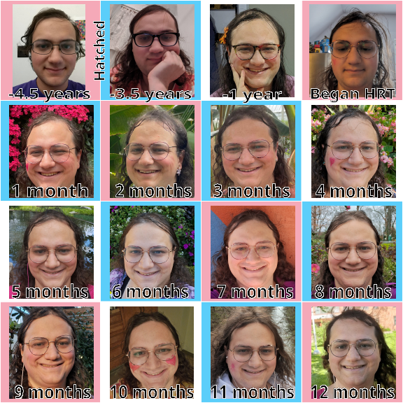 Transition timeline: Trans flag background, sixteen headshots of a white nonbinary person with dark brown hair looking into the camera.