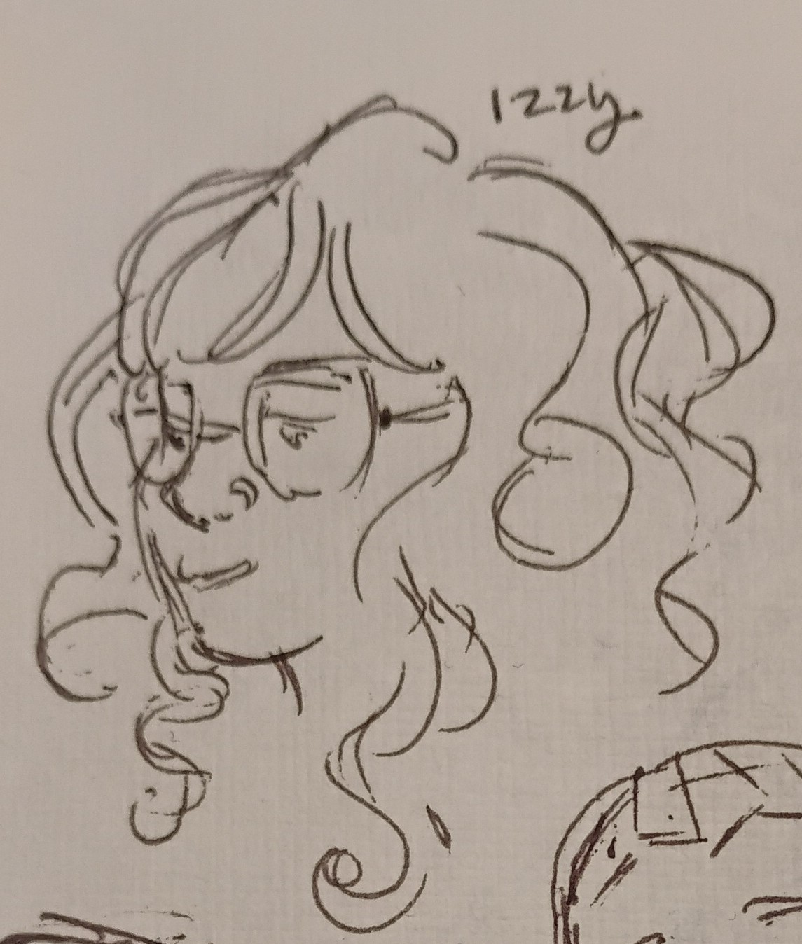 A sketch of my face, in pen on paper, facing left and a bit down, emphasizing my curly hair.