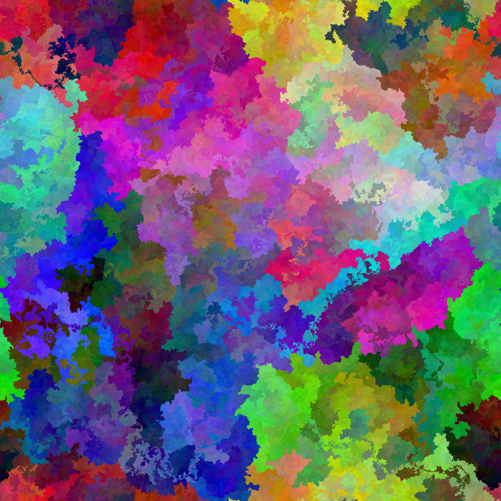 A programmatically generated artwork, rainbow colored, square,
with fractal boundaries between smoothly-varying regions.
Blue-purple in the center, red at top left and bottom left,
yellow-green at top right, and bottom right