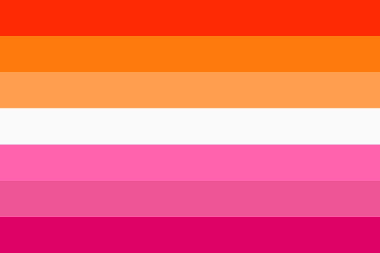 Lesbian flag~~! Seven bars: Red-orange, orange, light orange, white, pink, slightly darker pink, pink-red