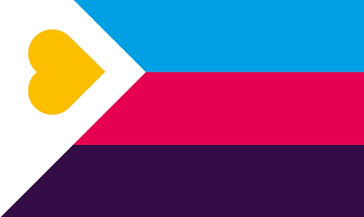 Polyamory flag~~! Blue, red, and purple bars on right, offset white triangle on left with yellow heart on the triangle