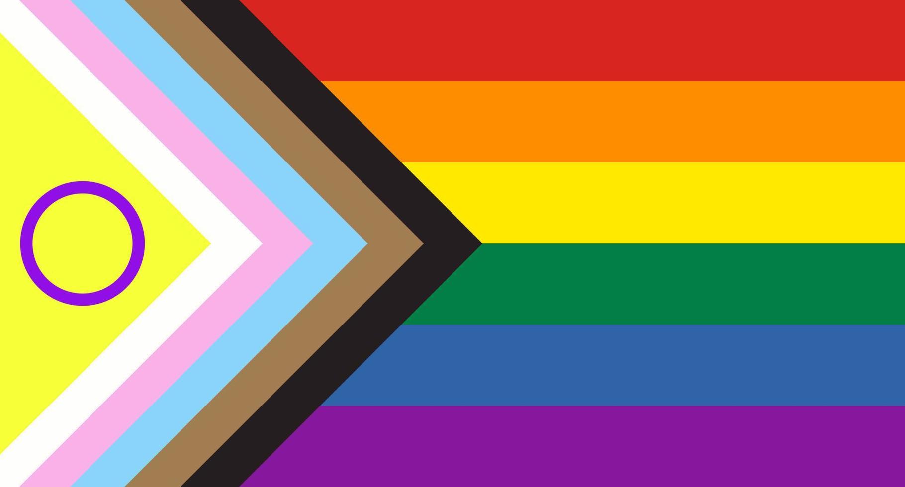 Progress pride flag~~! Rainbow bars on the right, triangle of black, brown, blue, pink, white, yellow with a purple circle,