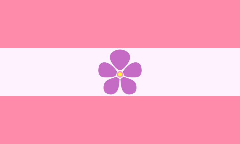 Sapphic flag~~! Three bars, pastel pink, white, pastel pink, and a five-petaled violet in the center